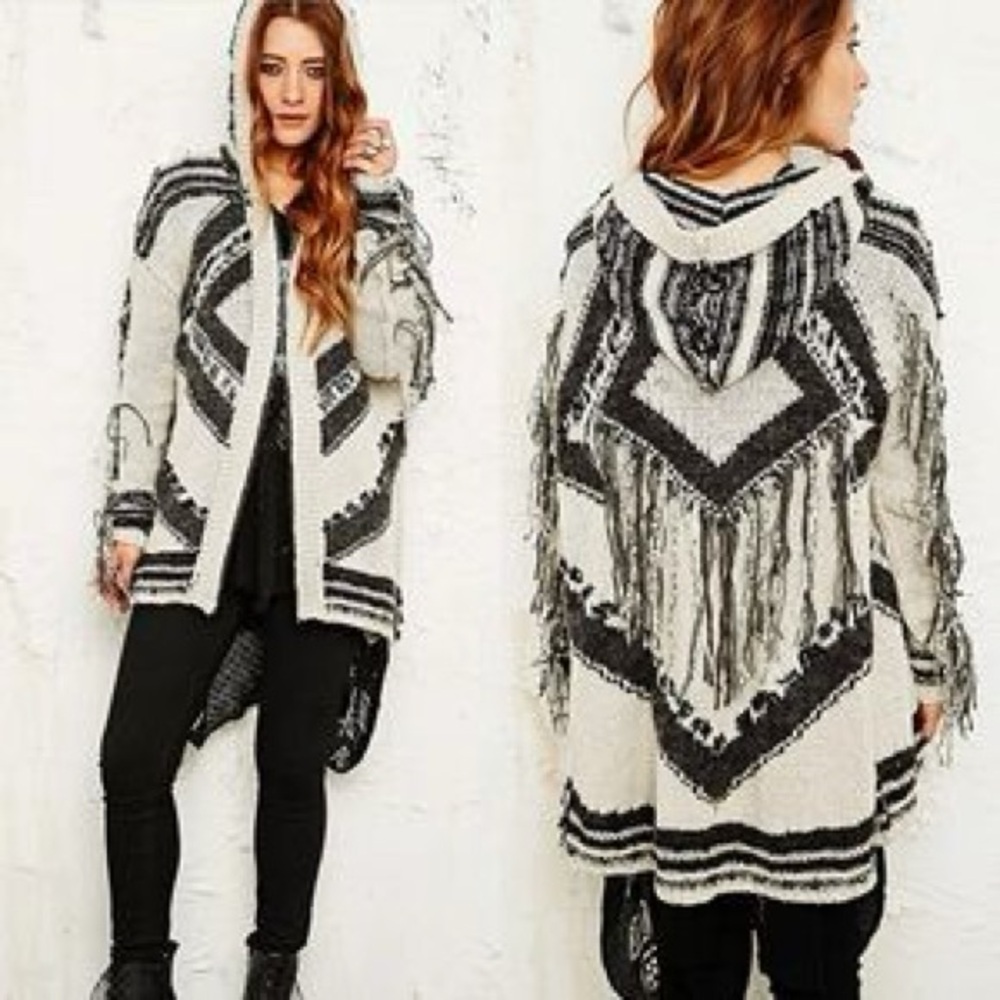 FREE PEOPLE BLACK AND GRAY FRINGE DOUBLE ZIPPER HOODIE SIZE M